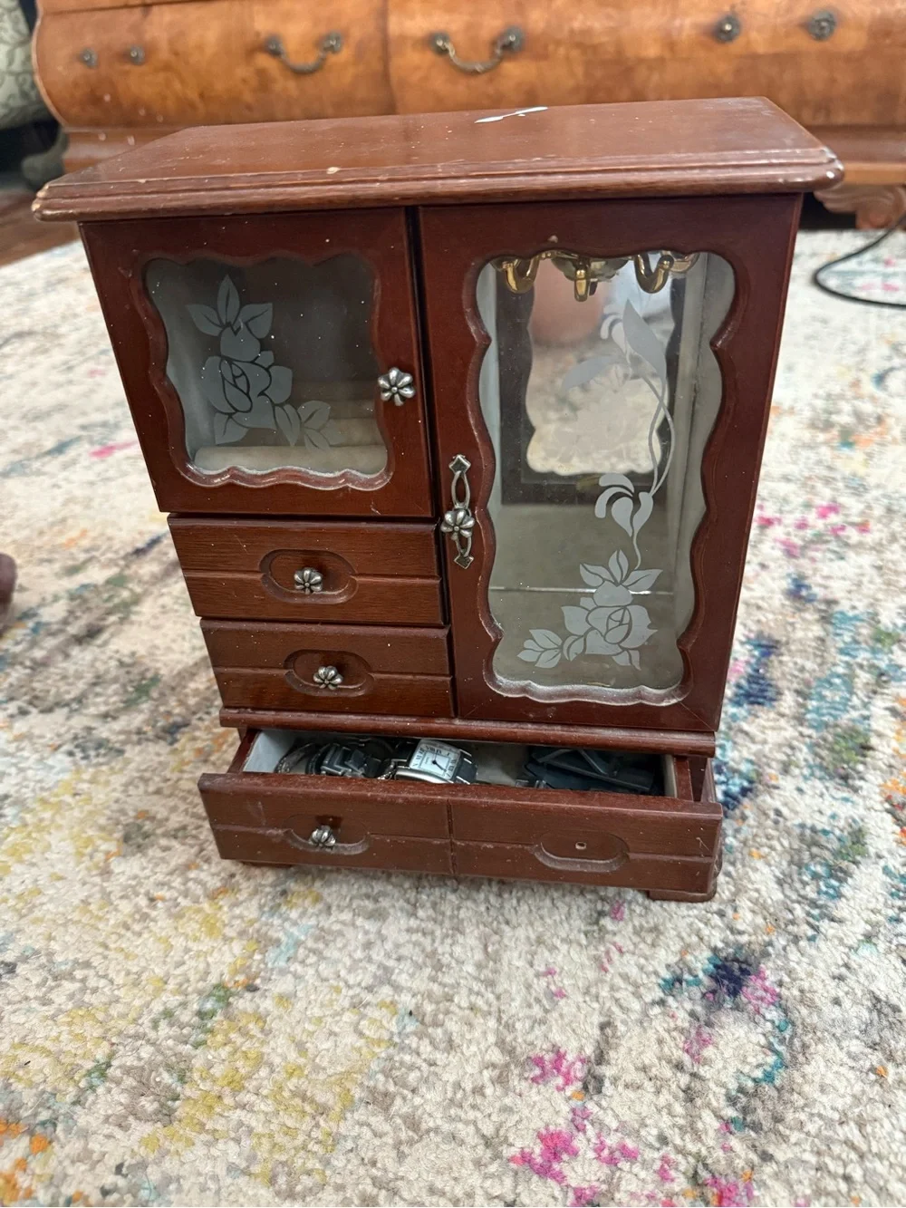 Wooden Brown Jewelry Organizer Cabinet with Etched Glass